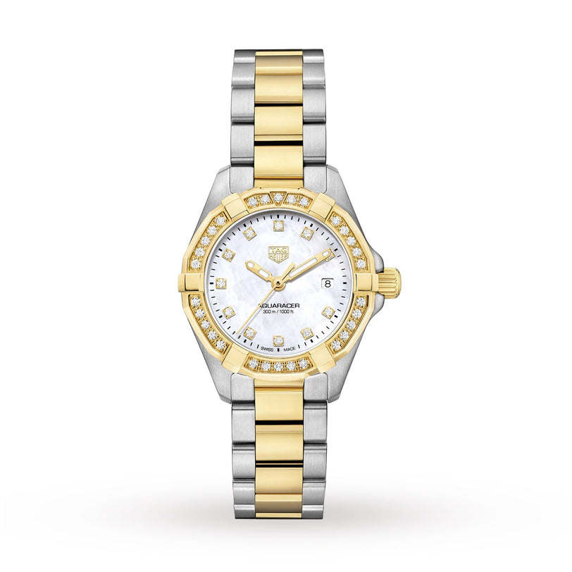 The TAG Heuer Aquaracer Date wristwatch combines stainless steel and 18K gold, featuring a diamond bezel, white dial, gold hour markers, and a date display at the 3 o’clock position.