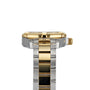 The TAG Heuer Aquaracer Date wristwatch is shown from the side, highlighting its silver and gold band and detailed watch crown.