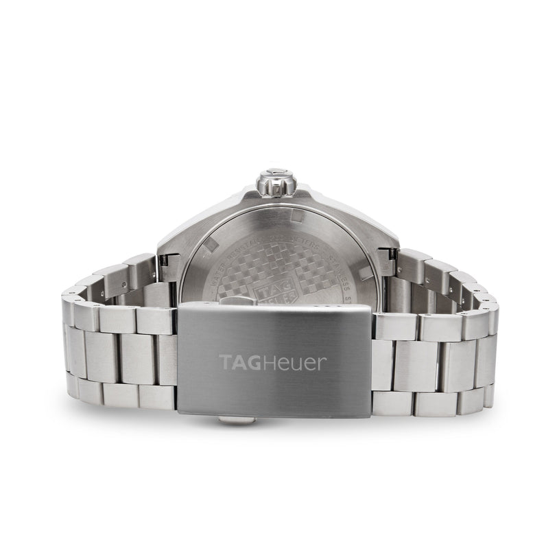 Back view of the TAG Heuer Formula 1 Date watch, showcasing its silver metal bracelet, branded clasp, and engraved case back.
