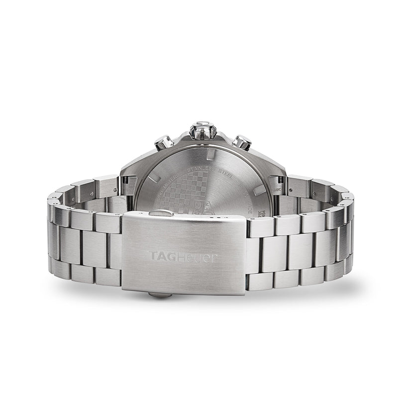 The TAG Heuer Formula 1 Chronograph is shown from the back, highlighting its stainless steel construction, closed clasp, and engraved case back.