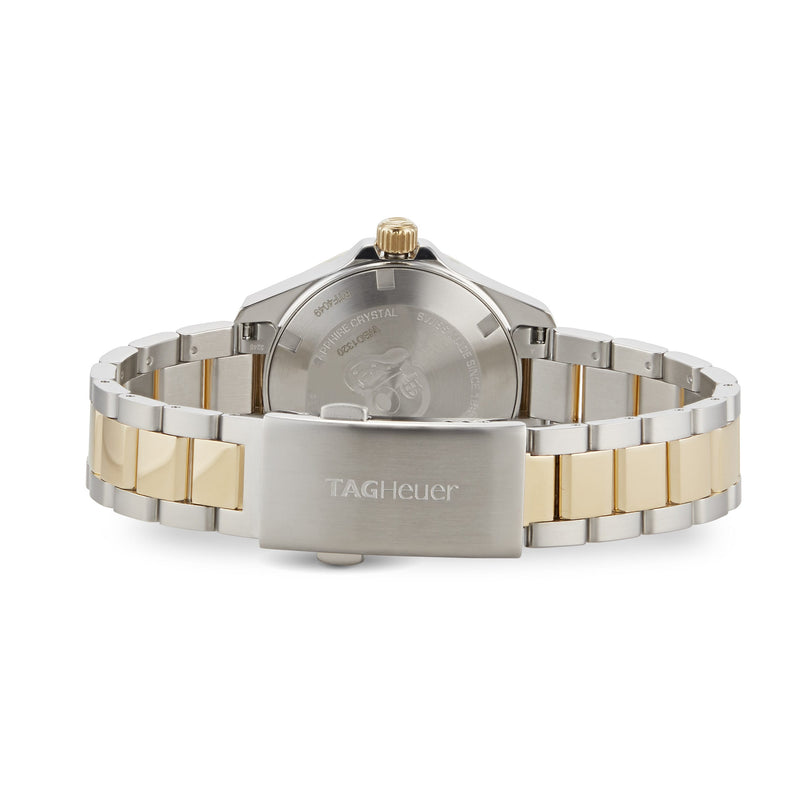 Back view of a TAG Heuer Aquaracer Date wristwatch featuring a two-tone stainless steel and gold bracelet.