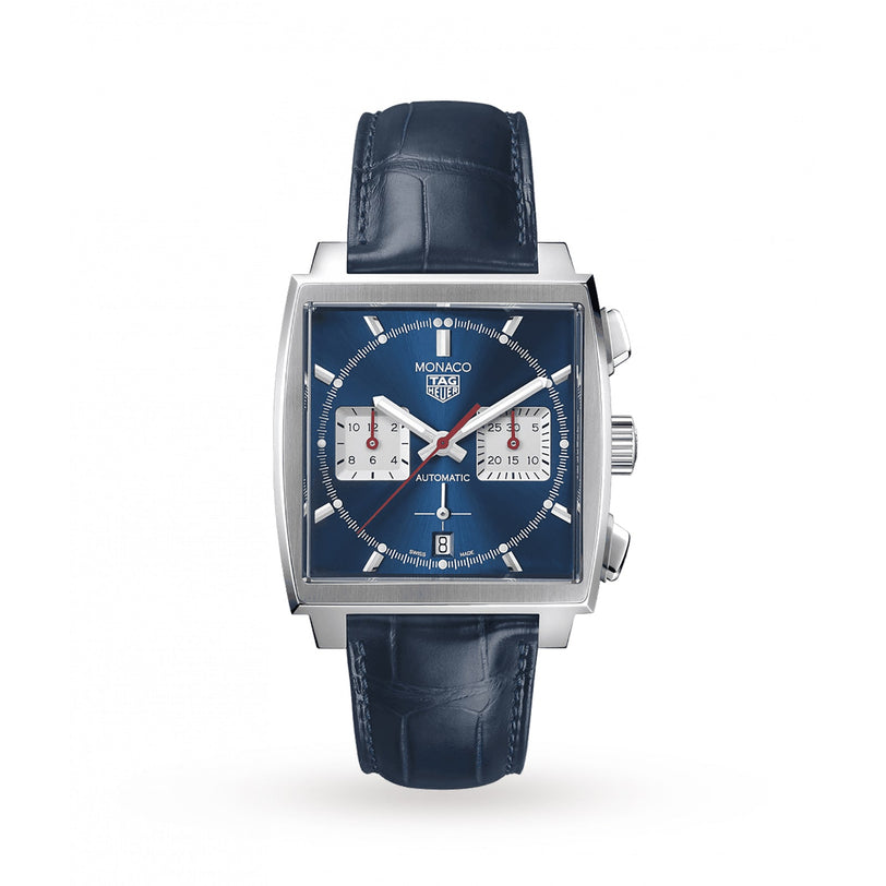 The TAG Heuer Monaco Chronograph features a square face, blue dial, two white subdials, silver markers, and a blue leather strap, all powered by the advanced Heuer 02 movement.