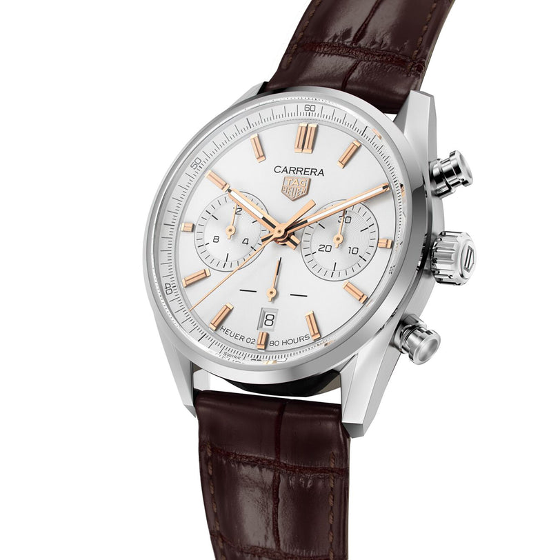 TAG Heuer Carrera Chronograph watch featuring a white dial, gold accents, and a brown leather strap.