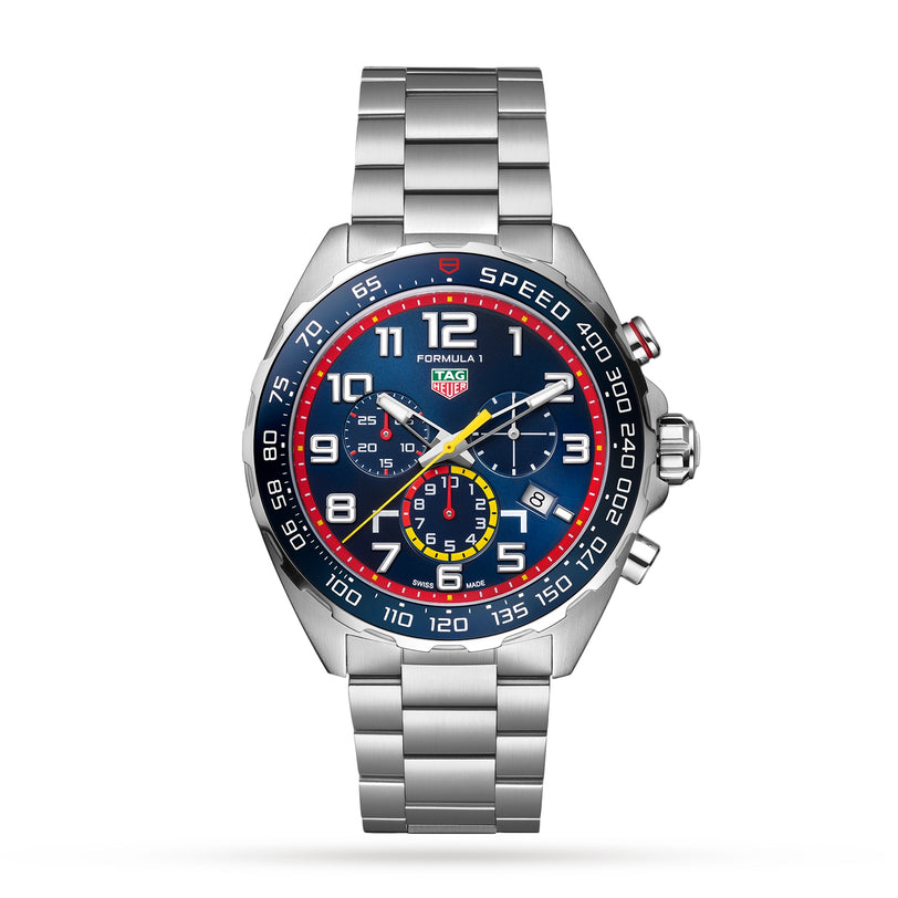 The TAG Heuer Special Edition Formula 1 Chronograph x Red Bull Racing features a silver stainless steel case, blue, red, and yellow accents, three sub-dials, and a tachymeter bezel—celebrating the Red Bull Racing partnership.