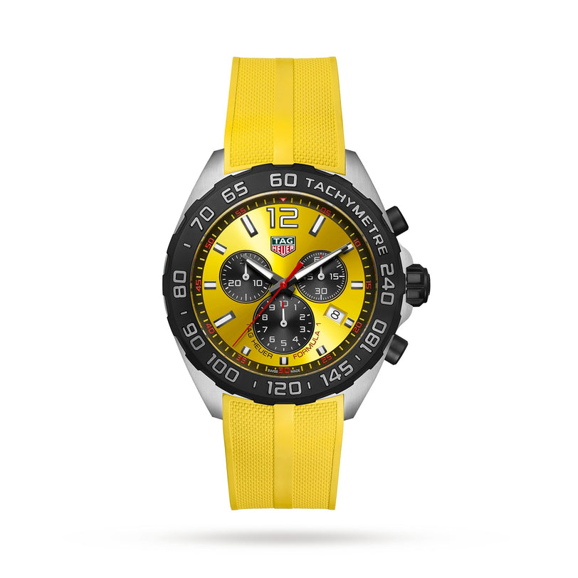 The TAG Heuer Formula 1 Chronograph features a yellow strap, yellow dial, black tachymeter bezel, three subdials, and precise quartz movement—all showcased on a clean white background.