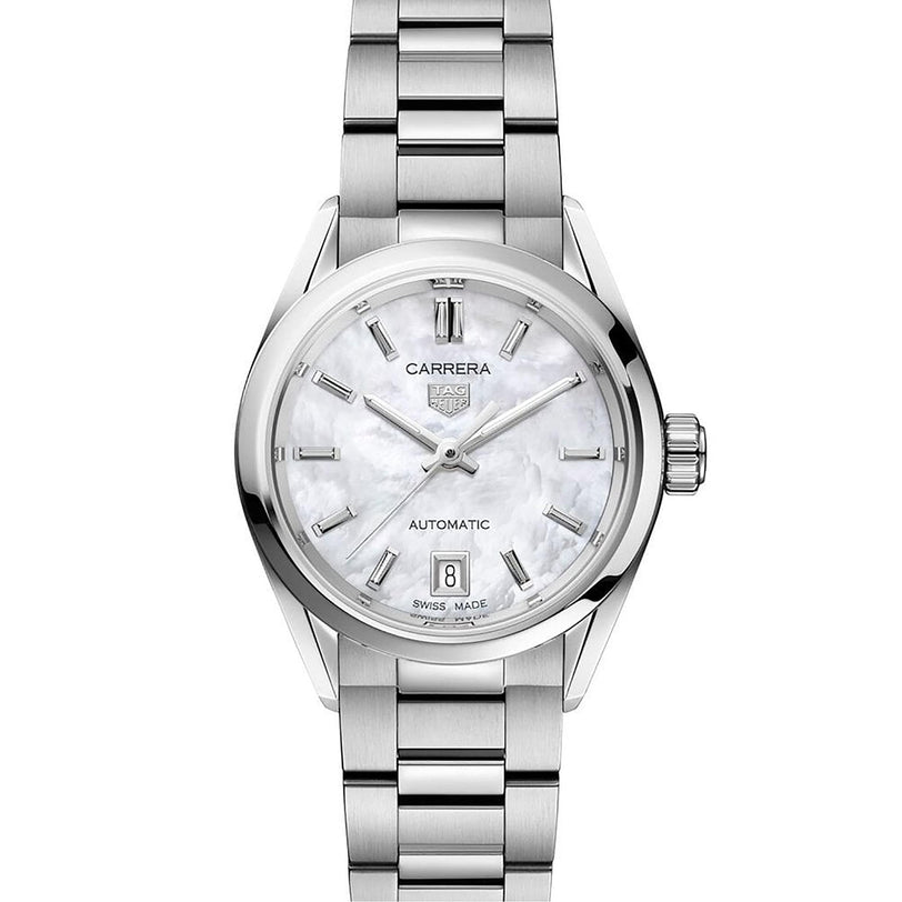 The TAG Heuer Carrera Date is a silver wristwatch with calibre 9 automatic movement, metal bracelet, white dial, date at 6 o’clock, and silver markers and hands.
