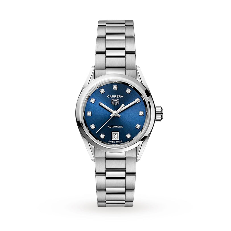 The TAG Heuer Carrera Date is a stainless steel wristwatch with a blue sunray dial, diamond hour markers, date window at 6 o’clock, and a linked metal bracelet.