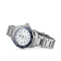 The TAG Heuer Aquaracer Professional 300 Date, a stainless steel sports watch with a silver band, blue bezel, and white textured dial, is displayed at an angle on a white background.