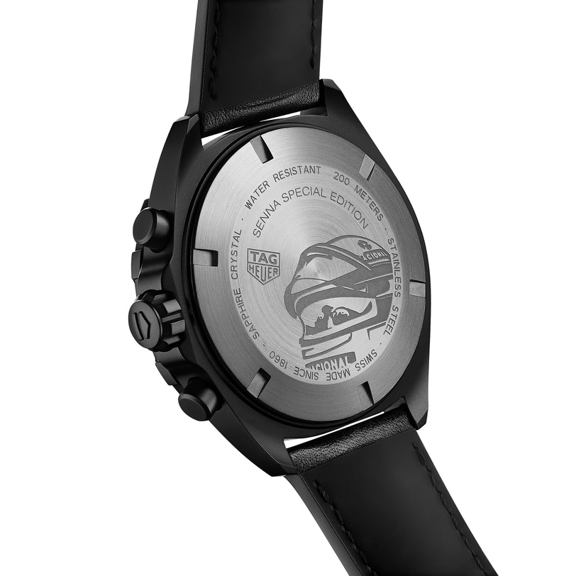 The TAG Heuer Special Edition Formula 1 Senna’s caseback features a racing helmet engraving, Senna Special Edition, and specs—honoring Ayrton Senna’s enduring legacy.