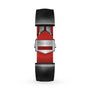 A TAG Heuer watch strap with black leather exterior, red leather interior, and a stainless steel deployment clasp featuring the TAG Heuer logo—perfect for your Connected Calibre E4 luxury smartwatch.