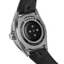 Close-up of the TAG Heuer Connected Calibre E4’s back, showcasing its sensors, sapphire crystal, metal case, and ergonomic rubber strap.
