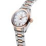 The TAG Heuer Carrera Date is a luxury wristwatch featuring a silver and rose gold metal band, white dial, diamond hour markers, automatic movement, and a date display at six o’clock.