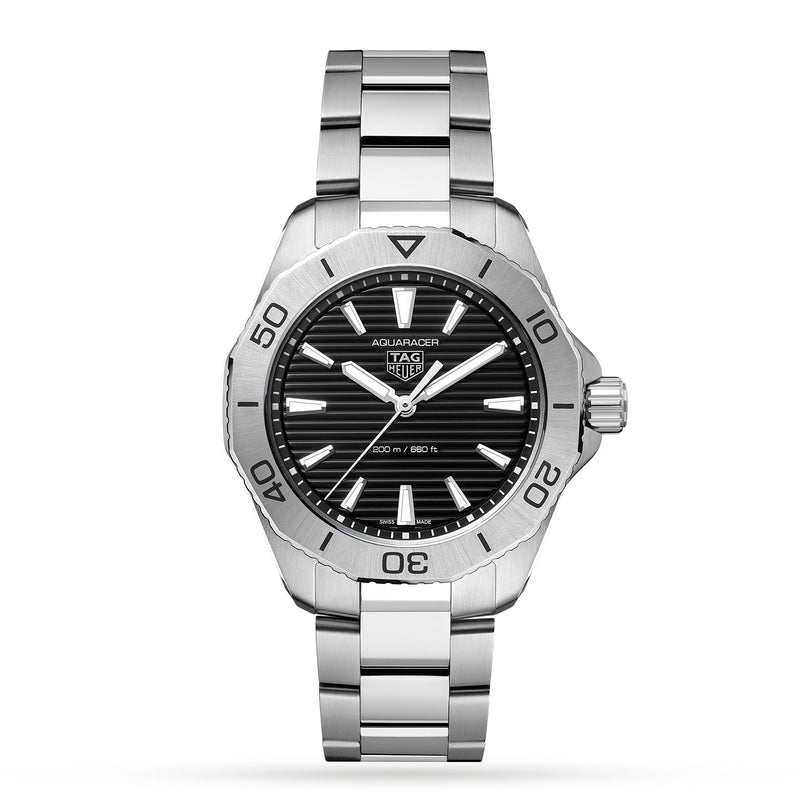 The TAG Heuer Aquaracer Professional 200 sports watch features a stainless steel case, black dial, silver hour markers, date window, and unidirectional bezel, shown facing forward on a white background.