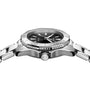 Side view of the TAG Heuer Aquaracer Professional 200 sports watch with a stainless steel case, black dial, rotating bezel, and metal bracelet, showcasing crown and case detailing.