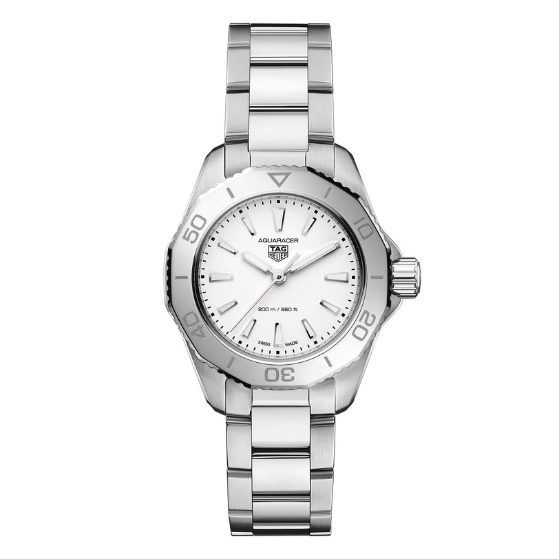 The TAG Heuer Aquaracer Professional 200 is a silver sports watch with a white face, silver hour markers, and a stainless steel bracelet and case, shown against a plain white background.