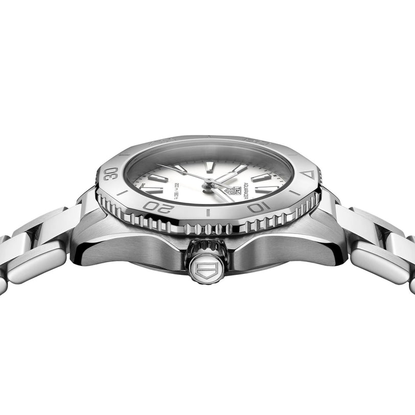 Side view of the TAG Heuer Aquaracer Professional 200 showcasing its stainless steel case, white dial, bezel markings, and metal bracelet, with emphasis on the crown and case details.