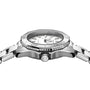 Side view of the TAG Heuer Aquaracer Professional 200 showcasing its stainless steel case, white dial, bezel markings, and metal bracelet, with emphasis on the crown and case details.