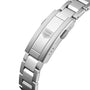 Close-up of a stainless steel clasp engraved with TAG Heuers shield logo, highlighting the robust design of the Aquaracer Professional 200 sports watch.