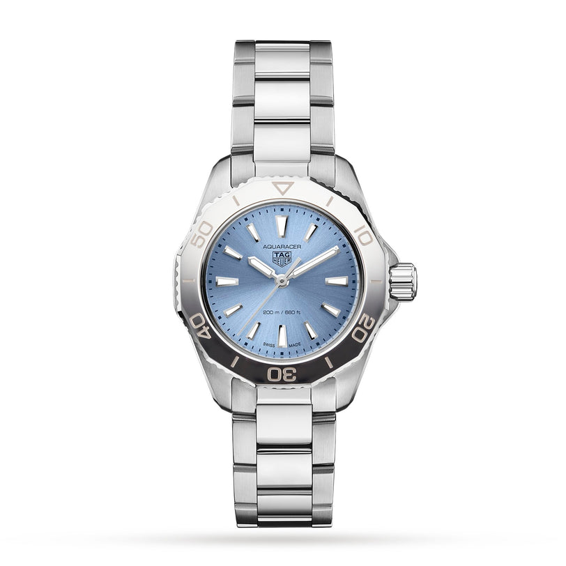 The TAG Heuer Aquaracer Professional 200 is a silver sports watch featuring a stainless steel case, light blue dial, silver hour markers, and a metal link bracelet, shown against a white background.