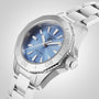The TAG Heuer Aquaracer Professional 200 is a silver wristwatch with a blue face, silver hour markers, and a metal band, displayed at an angle on a white background.