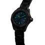 The TAG Heuer Aquaracer Professional 200 is a black metal wristwatch featuring glowing green hour markers and hands on a dark face.