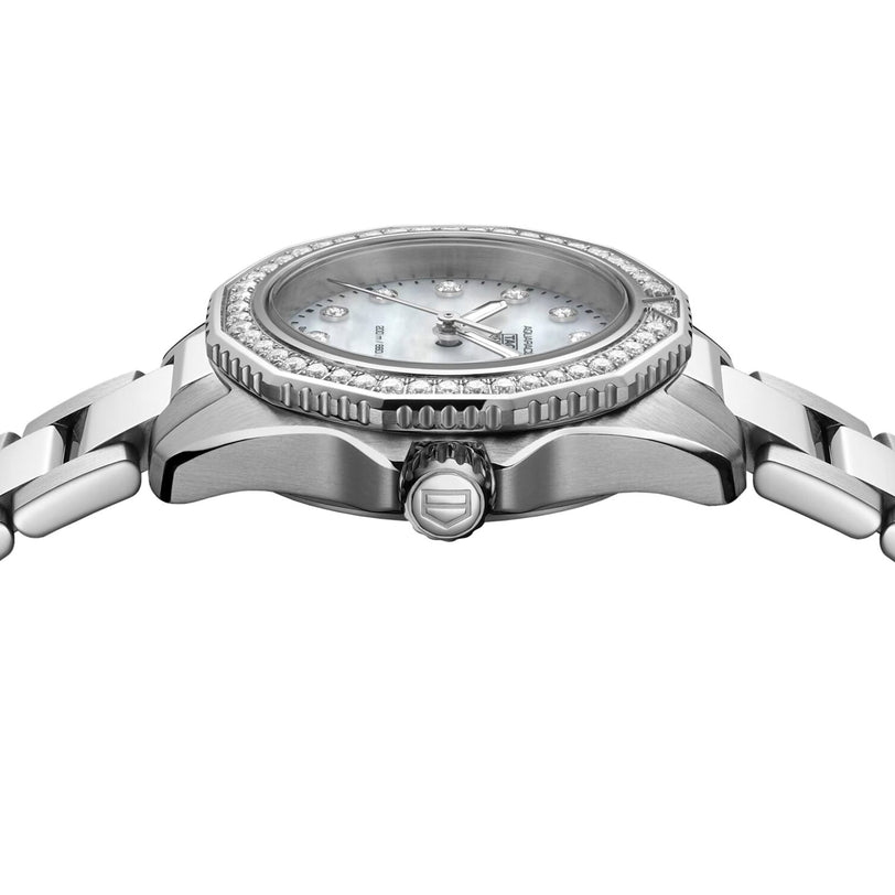 Side view of a TAG Heuer Aquaracer Professional 200 sports watch in silver, featuring a metal band, diamond bezel, and mother-of-pearl dial. The crown is visible at the center.