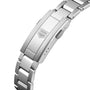 Close-up of the TAG Heuer Aquaracer Professional 200’s silver metal bracelet clasp with an engraved shield logo.