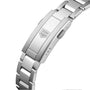 A close-up of the TAG Heuer Aquaracer Professional 200 shows its stainless steel bracelet clasp engraved with the shield logo, perfectly matching the sleek stainless steel case.