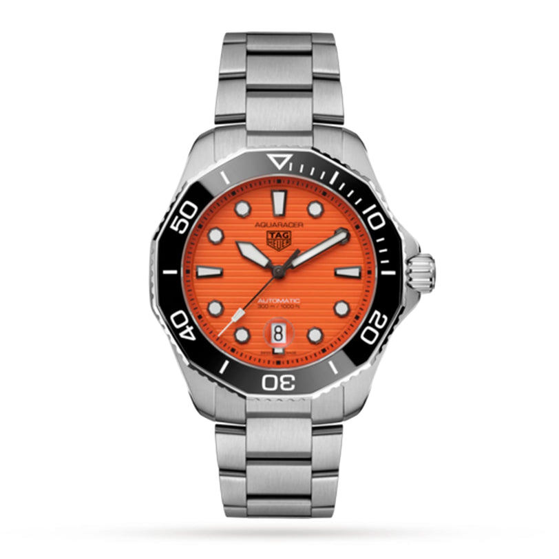 The TAG Heuer Aquaracer Professional 300 Orange Diver is a silver dive watch with an orange dial, black bezel, and shows the time 10:10.