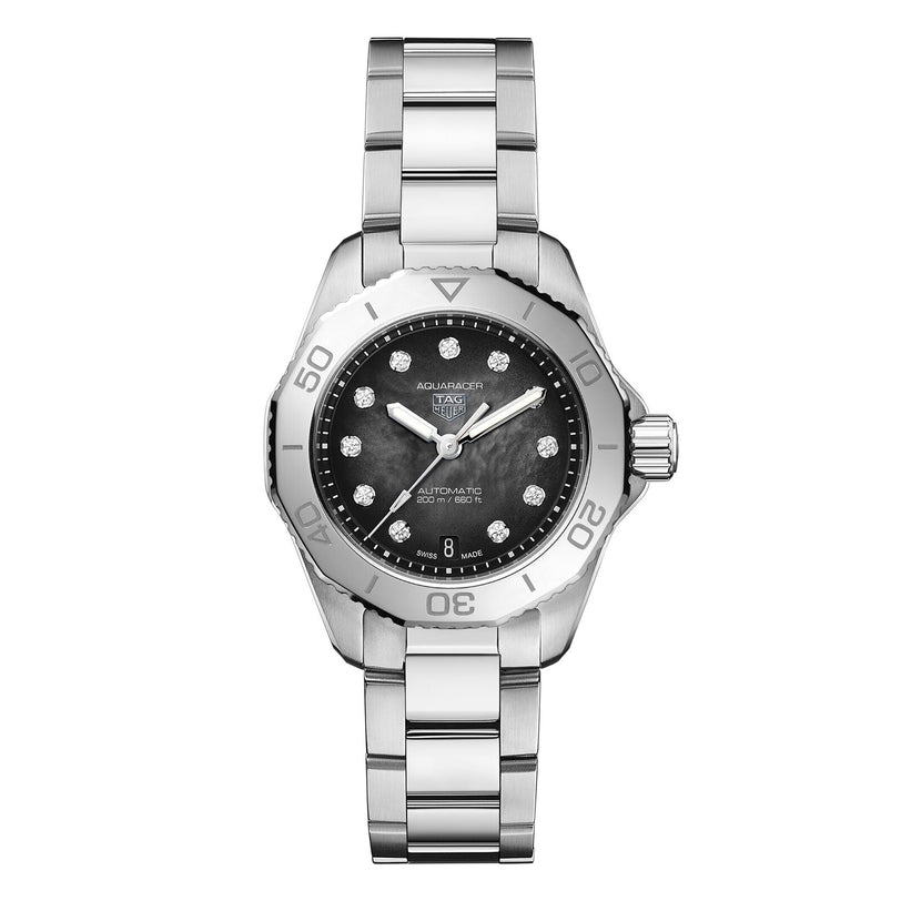 TAG Heuer Aquaracer Professional 200 Date watch featuring a silver metal bracelet, black dial, and diamond hour markers.