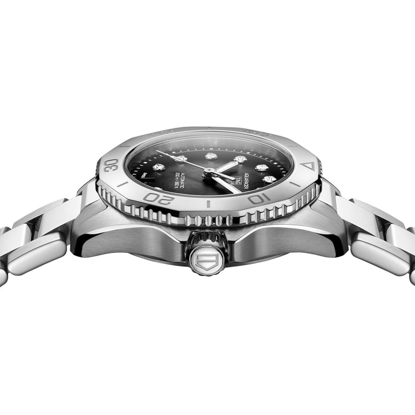 Side view of the TAG Heuer Aquaracer Professional 200 Date, showcasing a stainless steel case, black mother-of-pearl dial with diamond markers, rotating bezel and crown, paired with a stylish link bracelet.