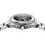 Side view of the TAG Heuer Aquaracer Professional 200 Date, showcasing a stainless steel case, black mother-of-pearl dial with diamond markers, rotating bezel and crown, paired with a stylish link bracelet.