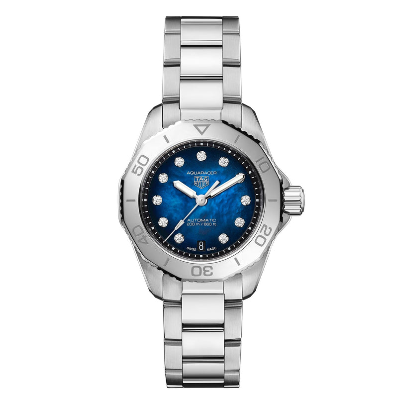 The TAG Heuer Aquaracer Professional 200 Date is a silver sports watch with a blue dial, diamond hour markers, and a stainless steel case and bracelet.