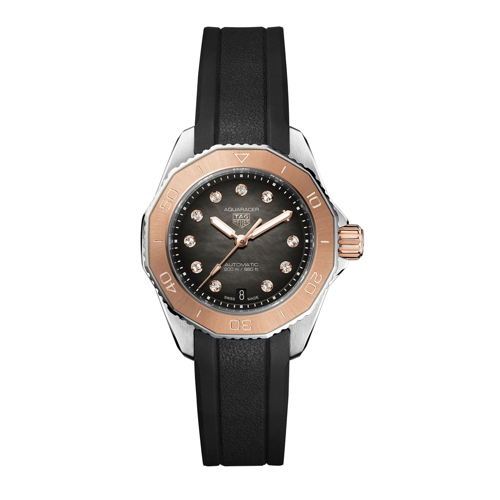 Experience refined elegance with the TAG Heuer Aquaracer Professional 200 Date, featuring a black strap, rose gold bezel, black dial with diamond indexes, date display at 3 o’clock, and impressive water resistance.