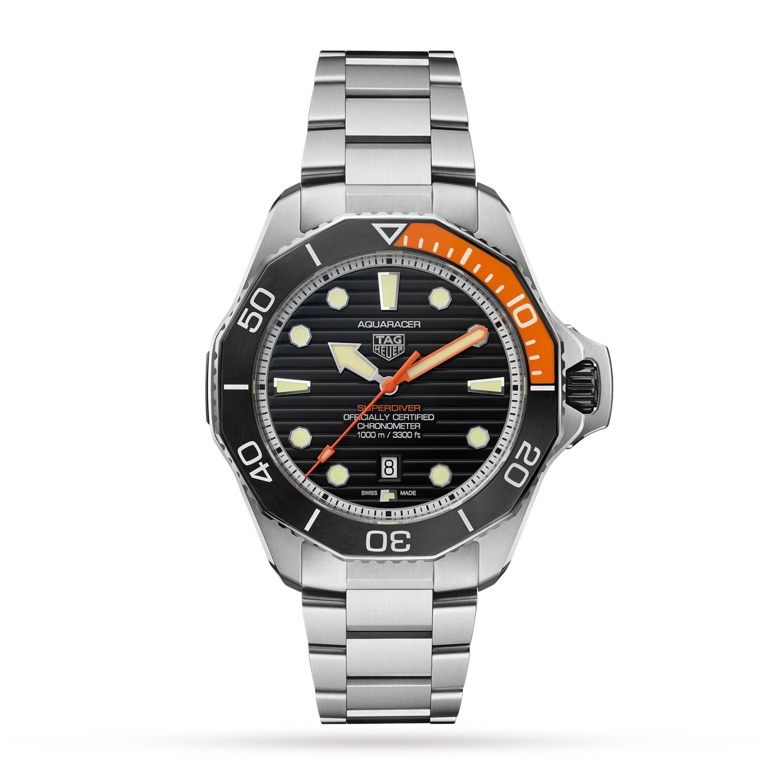The TAG Heuer Aquaracer Professional 1000 Superdiver, made of stainless steel, features a black striped dial, round markers, and an orange-accented bezel, highlighting its remarkable water resistance in a forward-facing display.
