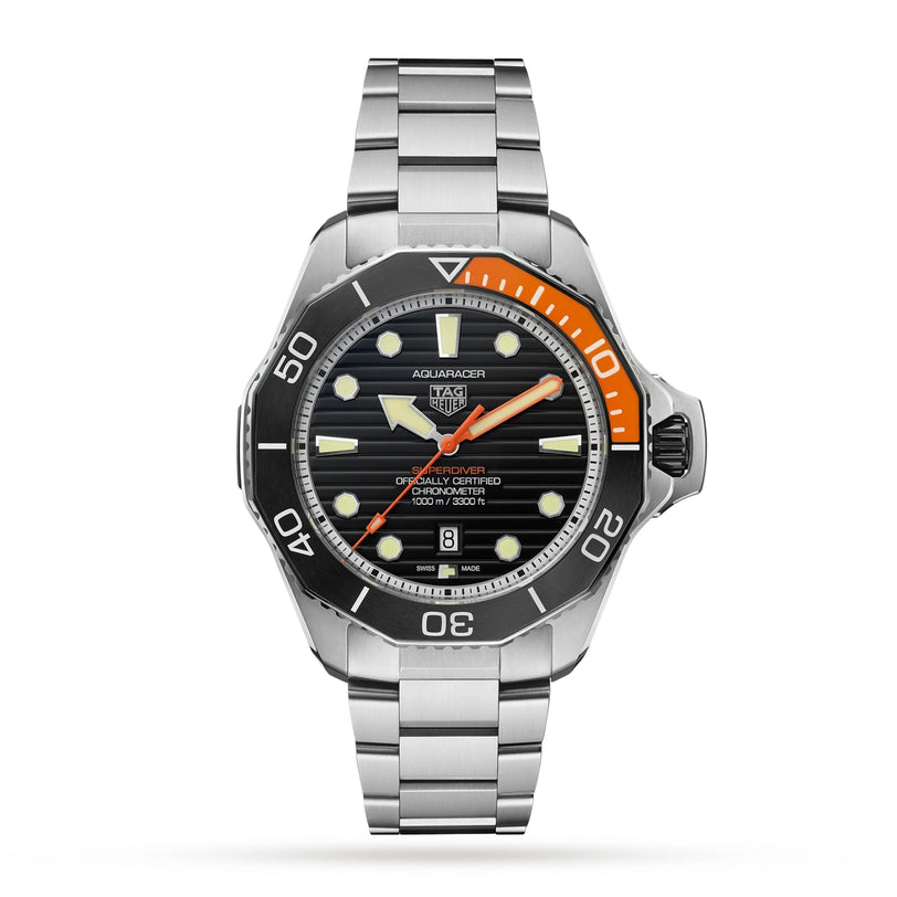 The TAG Heuer Aquaracer Professional 1000 Superdiver, made of stainless steel, features a black striped dial, round markers, and an orange-accented bezel, highlighting its remarkable water resistance in a forward-facing display.