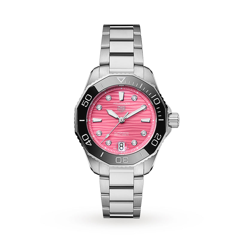 The TAG Heuer Aquaracer Professional 300 Date wristwatch features a stainless steel case, pink dial, silver hour markers, and a date display, shown against a white background.