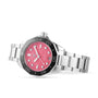 The TAG Heuer Aquaracer Professional 300 Date, featuring a pink textured dial with diamond hour markers, black bezel, and stainless steel case and bracelet, is angled on a white background.