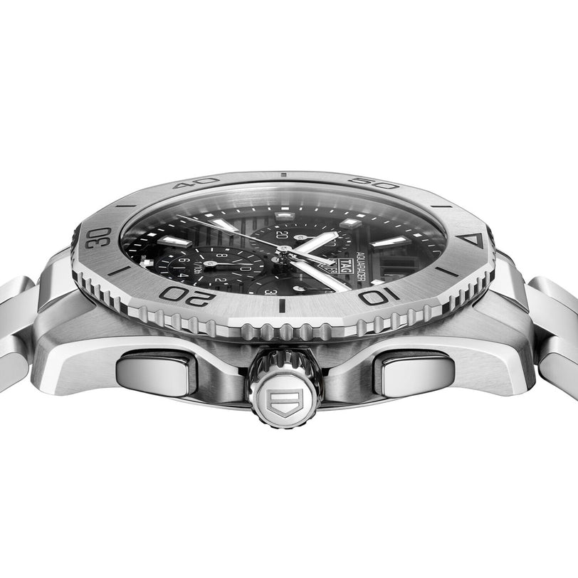 Side view of the TAG Heuer Aquaracer Professional 200 Chronograph, showcasing its stainless steel case, textured bezel, black dial, and two pushers beside the crown.