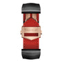 The TAG Heuer Connected Calibre E4 Golden Bright Edition features a rose gold clasp with engraved logo on a red and black leather strap—an ideal detail for fans of TAG Heuers luxury sports watches.