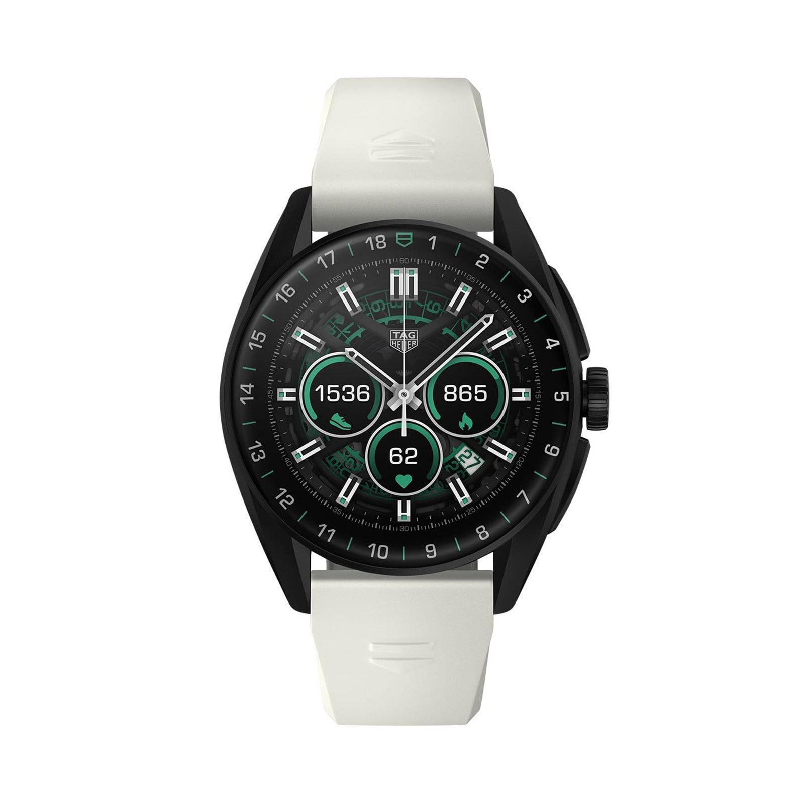 The TAG Heuer Connected Calibre E4 Golf Edition smartwatch features a white strap, ultra-light Grade 2 titanium case, and displays steps, heart rate, calories burned, and time on its round digital face.