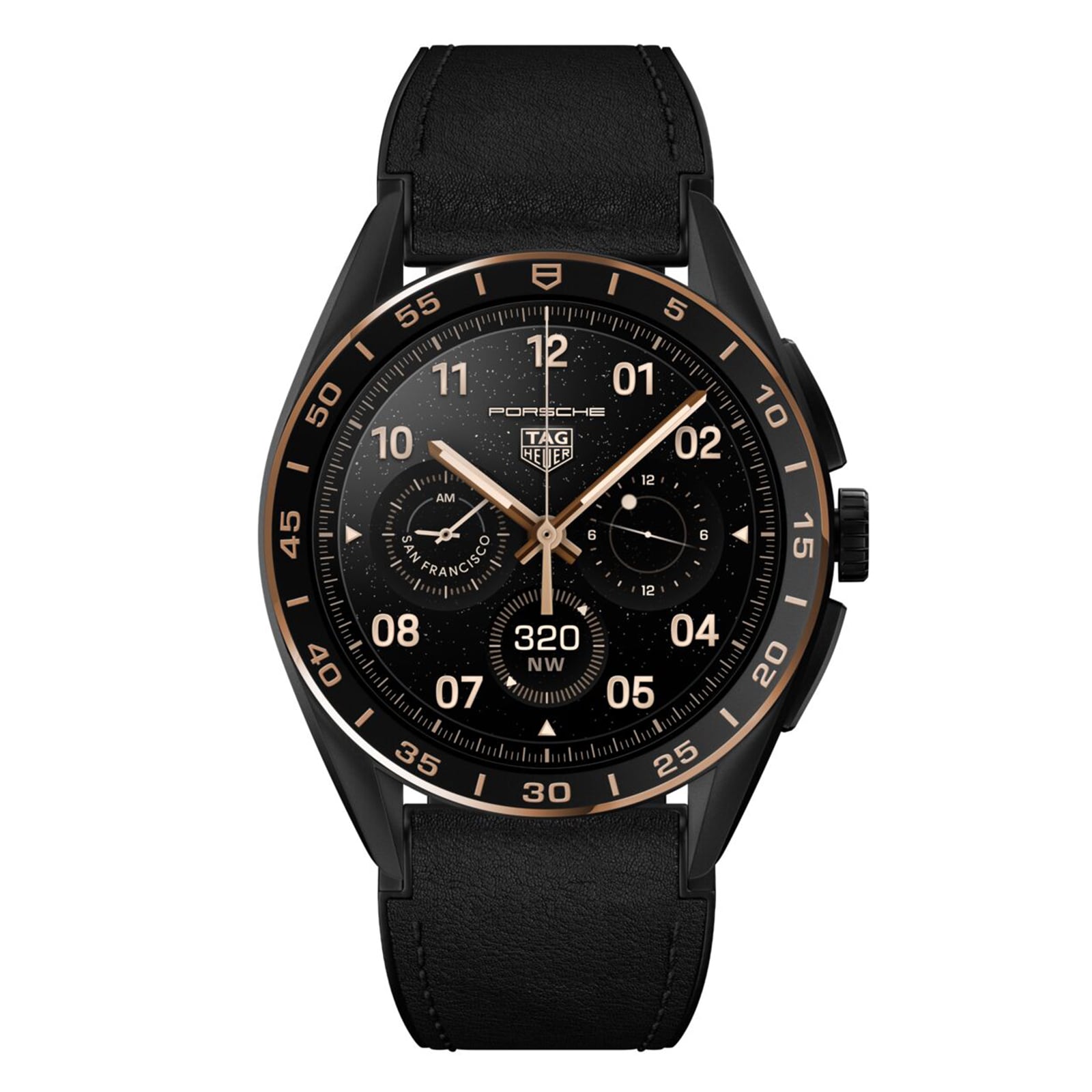 The TAG Heuer Limited Edition Connected Calibre E4 Bright Black features a sleek round face, gold accents, and leather strap, merging avant-garde style with smart luxury to display time, date, and more.