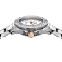 Side view of a TAG Heuer Aquaracer Professional 200 with a silver metal band, diamond-set bezel, mother-of-pearl dial, and rose gold crown and hour markers.