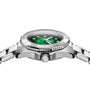 Side view of a TAG Heuer Aquaracer Professional 200 stainless steel sports watch with green dial, silver bezel, and metal bracelet, shown on a white background.