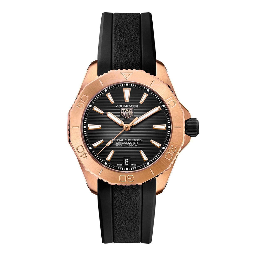 The TAG Heuer Aquaracer Professional 200 features a black strap, rose gold bezel, and a black textured dial.