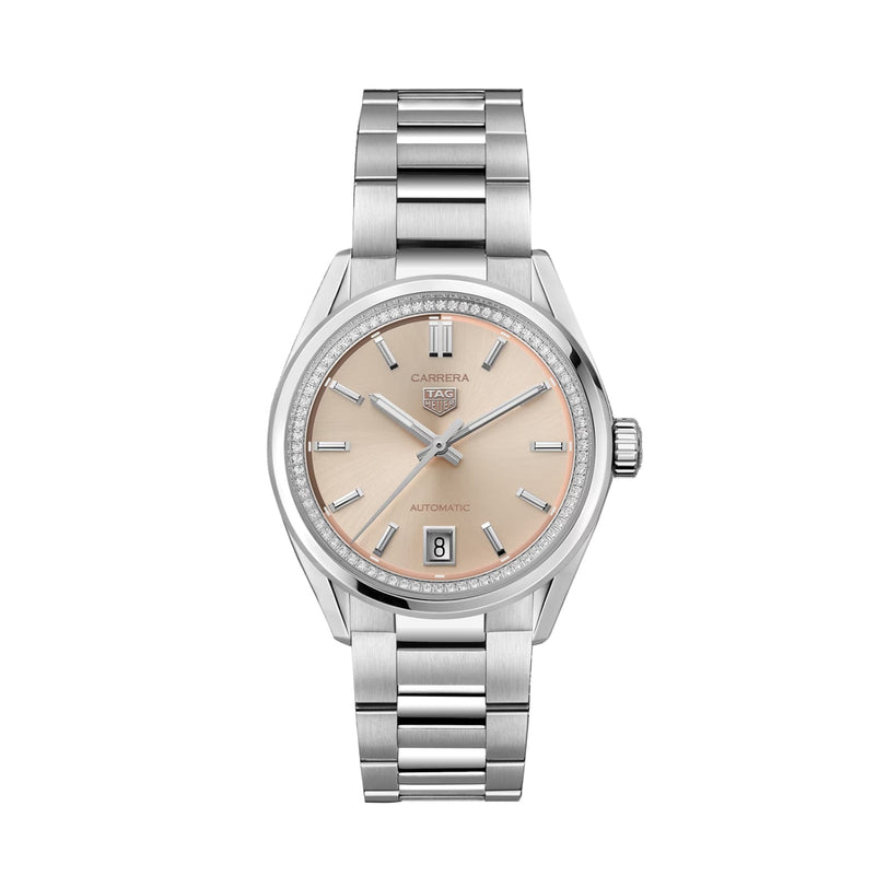 The TAG Heuer Carrera Date watch features a silver stainless steel bracelet, beige dial, calibre 7 automatic movement, and date window at 6 o’clock, displayed on a white background.