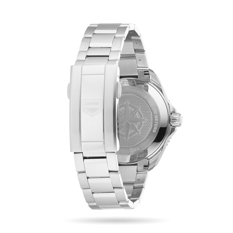 The TAG Heuer Aquaracer 200 Professional Solargraph is a stainless steel watch with a closed clasp, engraved case back, polished bracelet links, and advanced solar-powered Solargraph technology.