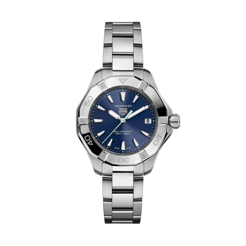 The TAG Heuer Aquaracer 200 Professional Solargraph is a stainless steel sports watch featuring a blue dial, silver hour markers, date at 3 o’clock, and a unidirectional rotating bezel.