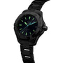 A TAG Heuer Aquaracer 200 Professional Solargraph in black, featuring a black metal band, luminous hands and hour markers, plus a date display at 3 o’clock.