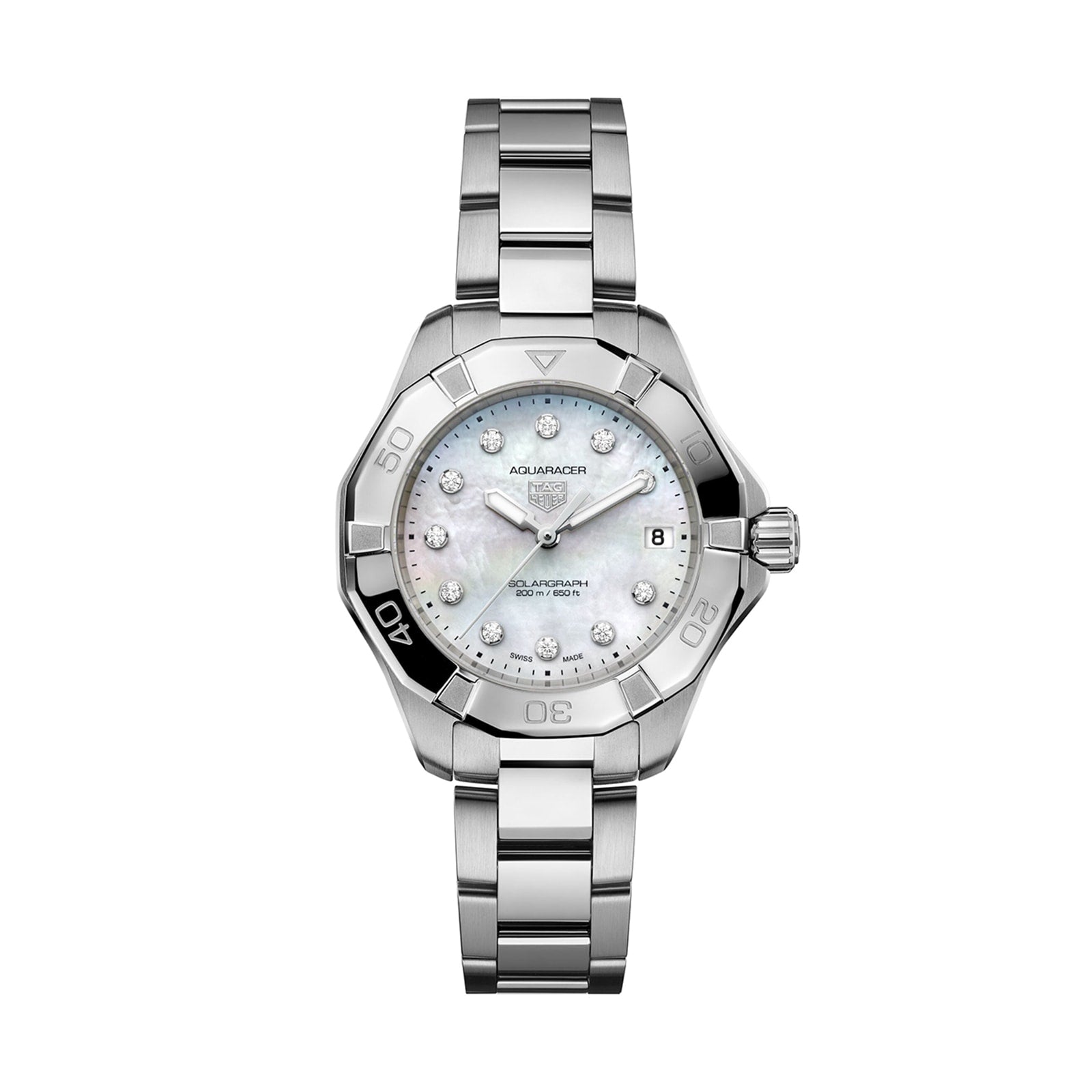 The TAG Heuer Aquaracer 200 Professional Solargraph is a silver stainless steel sports watch with a round face, mother-of-pearl dial, diamond hour markers, date display, and unidirectional bezel.